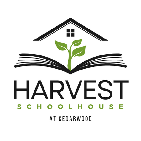 Logo reads Harvest Schoolhouse at Cedarwood and has an image of an open book with a plant sprouting from it with a house roof over the top.